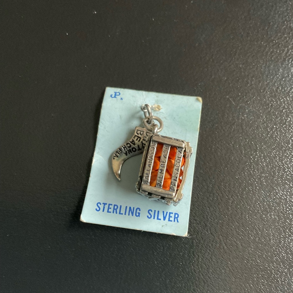 Silver Vintage charm on original card.  Florida oranges in a crate